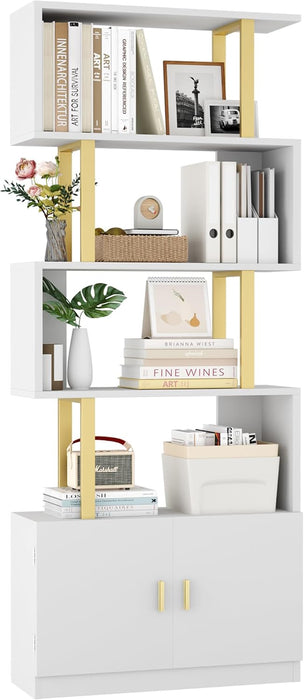 Geometric Bookcase with Cabinet, S Shaped Bookshelf 5-Tier Book Shelves for Bedroom, Modern Wood Decorative Display Shelf Tall Book Case for Home Office, Gold and White