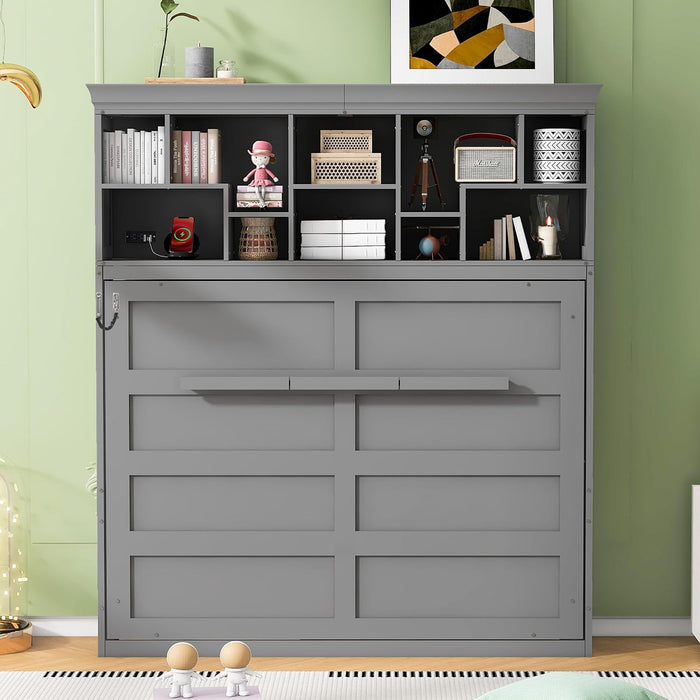 Gray Queen Murphy Bed With USB Charging And Storage