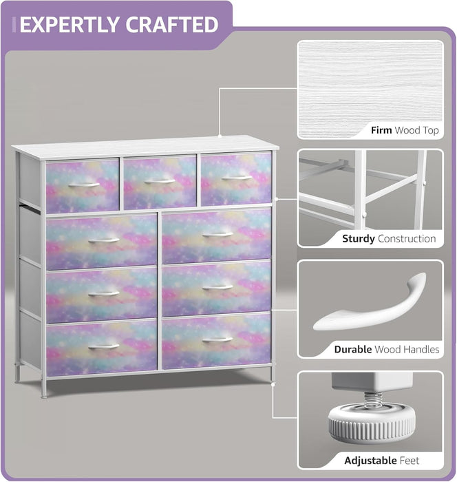Dresser with 9 Drawers - Furniture Storage Chest for Kid’S, Teens, Bedroom, Nursery, Playroom, Clothes, Toys - Steel Frame, Wood Top, Fabric Bins (Tie-Dye)