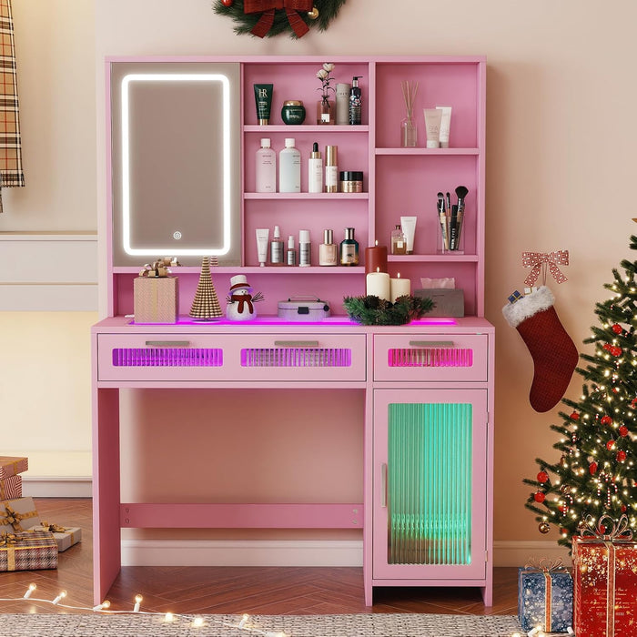 Vanity Desk with Mirror and Lights, Makeup Vanity with Transparent Top & RGB Drawers, Girls Vanity Table with Lighted Mirror for Bedroom Featuring 3 Modes & Outlet, Pink