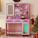 Vanity Desk with Mirror and Lights, Makeup Vanity with Transparent Top & RGB Drawers, Girls Vanity Table with Lighted Mirror for Bedroom Featuring 3 Modes & Outlet, Pink