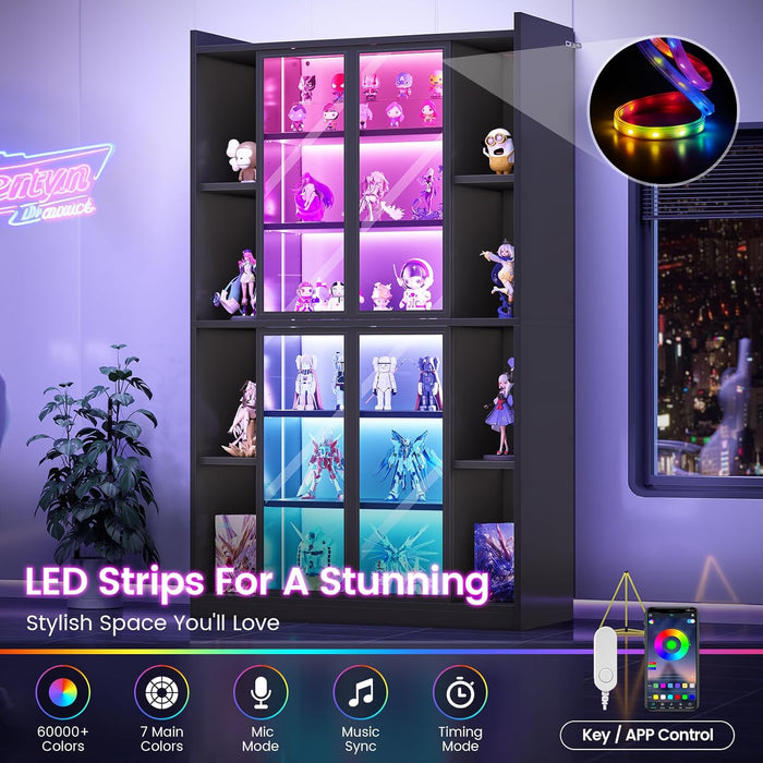 71" Display Cabinet with Acrylic Glass Doors, 6 Tier Display Cases for Collectibles, Curio Cabinet with LED Lights, Tall Bookcase with Adjustable Shelves, Black