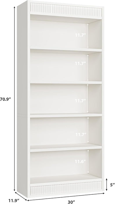 71 in Farmhouse Bookcase W/Double Fluted Design, 5 Tier Tall Bookshelf with Wooden Base, Wooden Bookshelf Rustic Vintage Book Shelf for Office Library (White, 70.8" H X 30" W X 11.9" D)