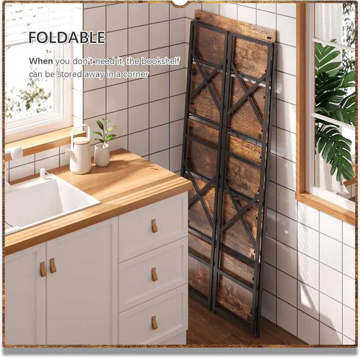 5 Tiers No Assembly Book Shelves, 51.2" H Folding Bookshelf Bookcase Open Industrial Foldable Shelves for Bedroom, Living Room, Home Office - Rustic Brown Black