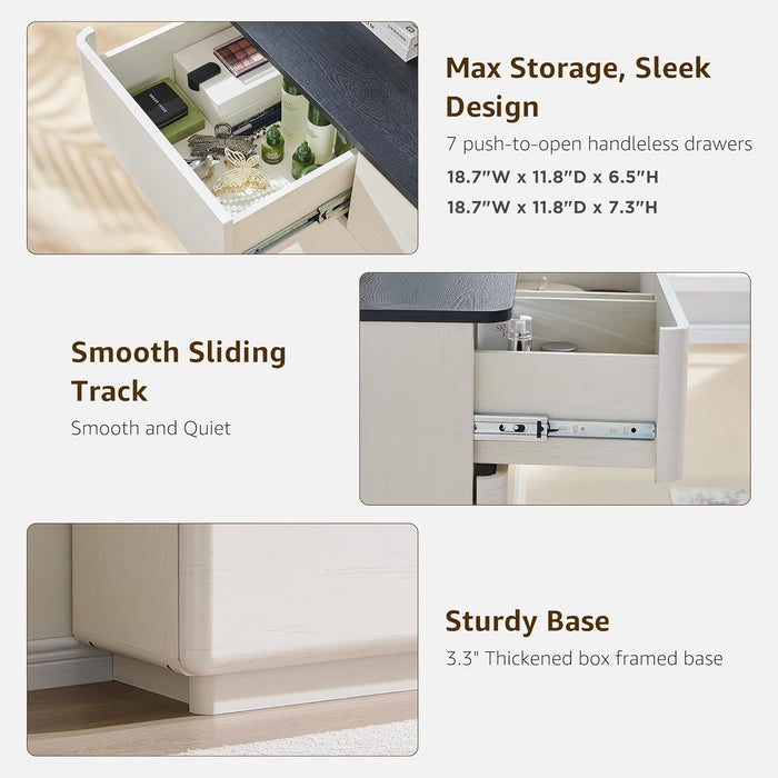 Modern 7 Drawer Dresser for Bedroom, 52" Wide Handleless Chest of Drawers, Large Push-To-Open Wood Storage, Dresser TV Stand for Bedroom, Living Room, Hallway, Curved Profile, off White