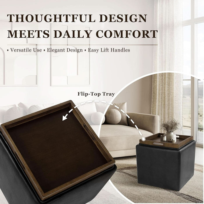 Home Decor Storage Ottoman with Tray Top|Upholstered Modern Square Storage Ottoman with Storage for Living Room & Bedroom, Black Faux Leather