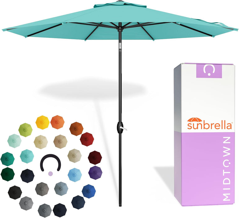 - the Lean 10 Ft Patio Umbrella with Fade-Resistant Sunbrella Fabric, Auto-Tilt Aluminum Frame and 8 Reinforced Ribs for Deck, Pool & Garden - Canvas Glacier Canopy, Black Pole