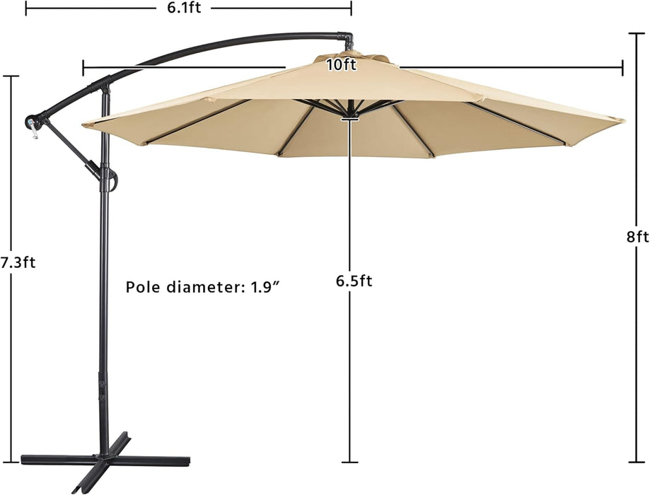 10FT Patio Offset Umbrella - Cantilever Hanging Outdoor Umbrellas W/Uv Protection & 8 Ribs & Handy Crank & Cross Base for Market/Garden/Lawn/Deck/Backyard/Pool - Tan