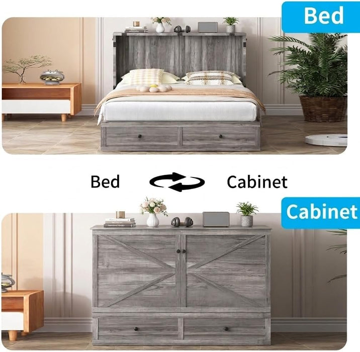 Gray Queen Murphy Cabinet BedFrame With StorageDrawers
