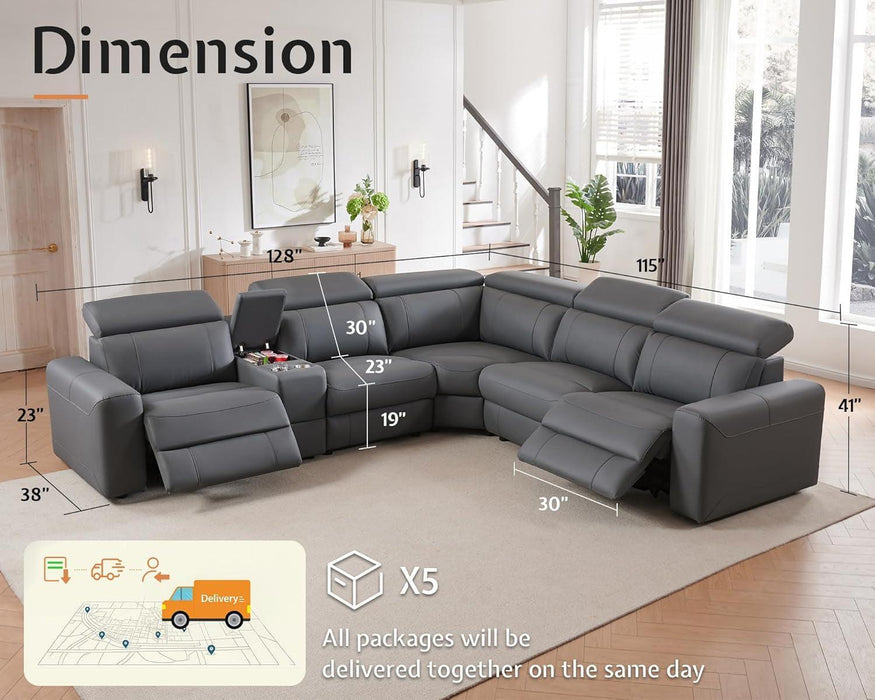 Power Recliner Sofa, Electric Reclining Sofa with Console & Dual Recliner, Leather Sectional Couch for Living Room, Grey