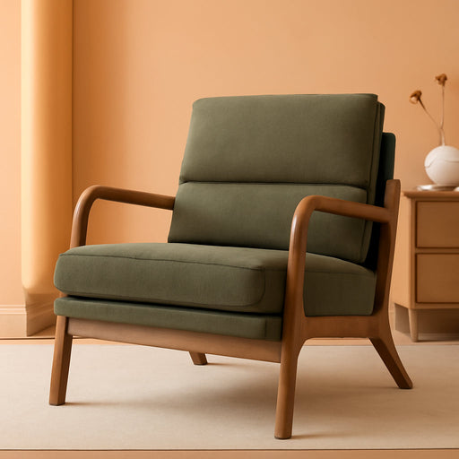 Mid Century Modern Accent Chair, Linen Fabric Upholstered Lounge Arm Chair with Solid Wood Frame and Soft Cushion for Living Room, Bedroom, Balcony (1, Green)
