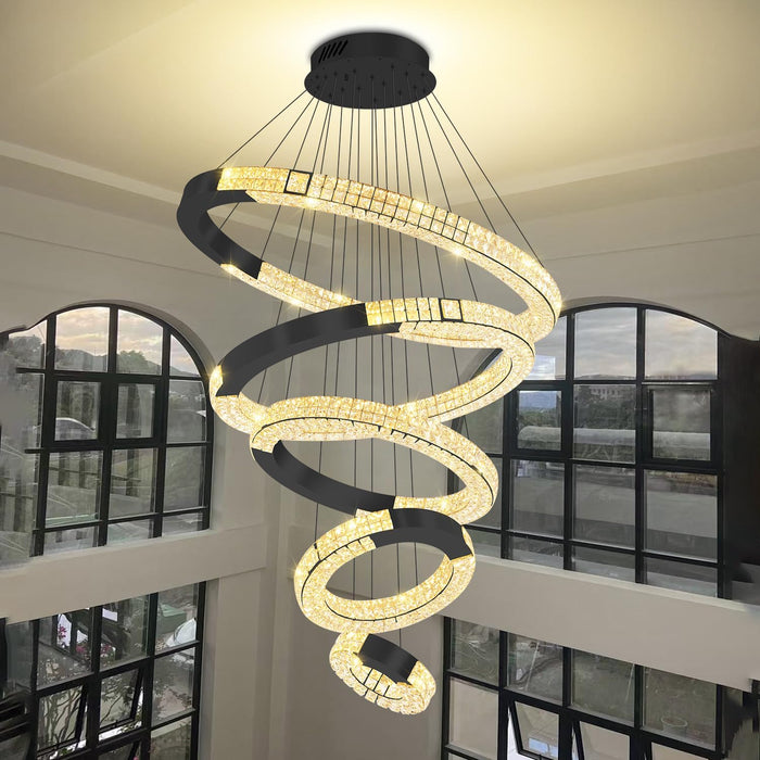 5 Ring Large Black Chandeliers Luxury Modern Crystal Chandelier Lighting, High Ceiling Chandelier for Foyer Staircase D12''+20''+27.5''+35''+43''