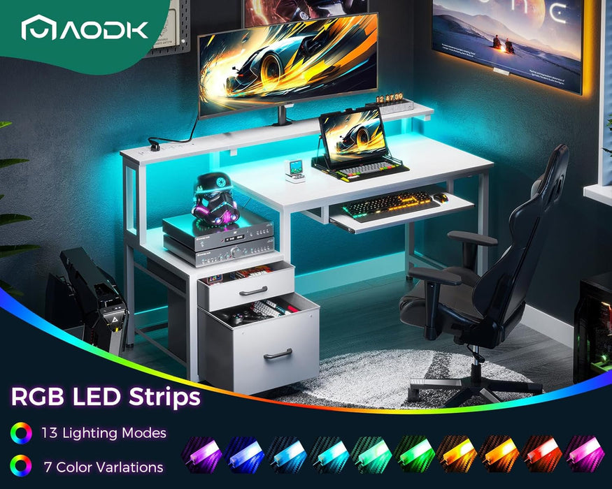 48" Computer Desk with Fabric File Cabinet and Drawer, Reversible Office Desk with Power Outlet and LED Light, Study Desk with Printer Stand, Keyboard Tray, Full Monitor Riser and PC Stand, White