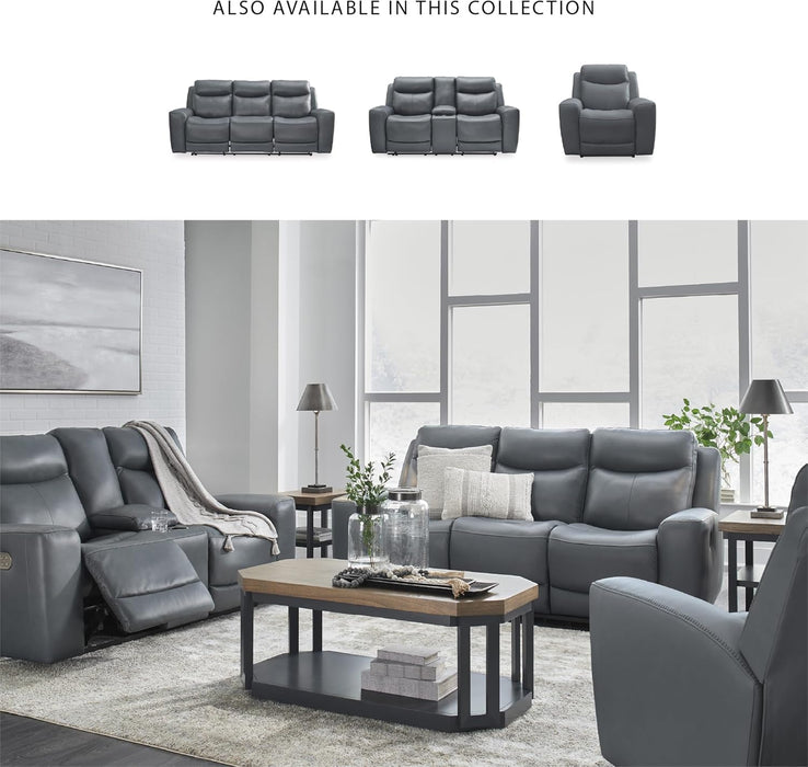 Signature Design by Ashley Mindanao Contemporary Leather Match Upholstered Power Reclining Sofa with Adjustable Headrest and USB Ports, Gray