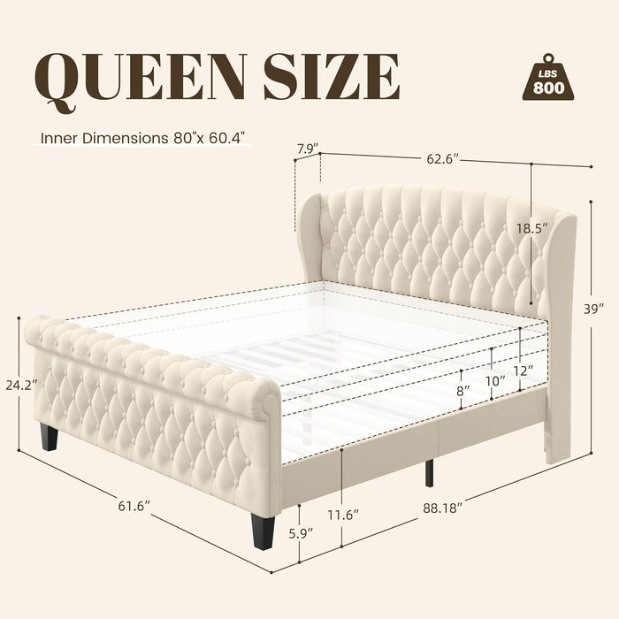 Queen Platform Bed Frame, Velvet Upholstered Sleigh Bed with Wingback Tufted Headboard and Footboard, Quiet & Stable Support, No Box Spring Needed, Noise-Free Design, Easy Assembly, Beige
