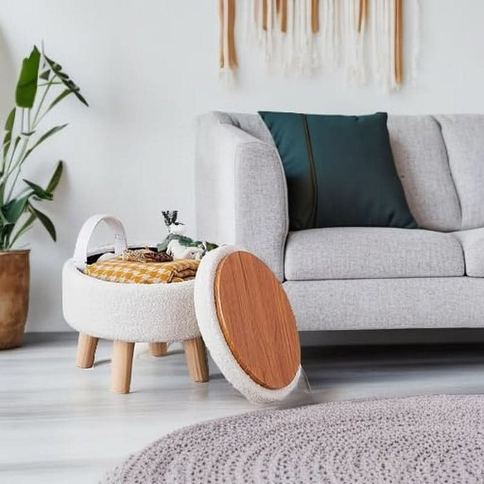 Storage Ottoman, Modern round Footrest with Soft Padded Seat, Teddy Velvet Footstool with Wood Legs, Accent Small Table or Plant Stand for Hallway, Living Room (Cream)
