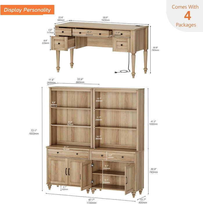 Oak 56 Inch Distressed Contemporary Workstation Desk