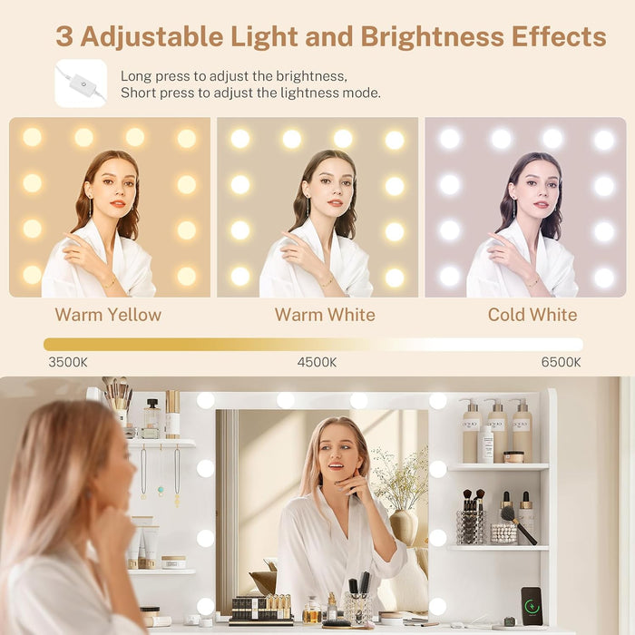 Vanity Desk with LED Light Mirror & Power Outlet, 3 Adjustable Light Color, Makeup Vanity with 7 Drawers, 4 Shelves, 5 Jewel Hooks, White Vanity for Bedroom, Girls Vanity