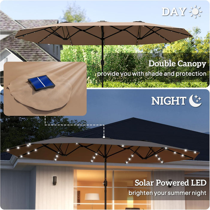 14.4Ft Large Patio Umbrella with 36 Solar LED Lights, Double Sided Outdoor Umbrella with Base Included