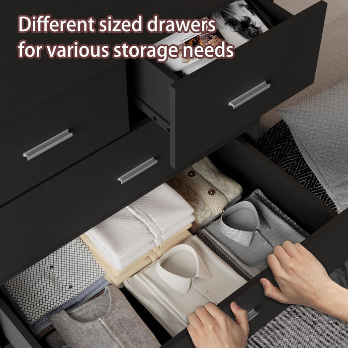 Black Contemporary Six Drawer Dresser With Outlets