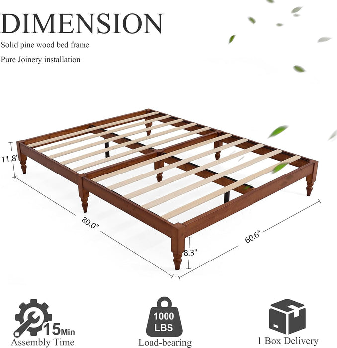 12" Japanese Joinery Solid Wood Queen Bed Frame with Turned Legs