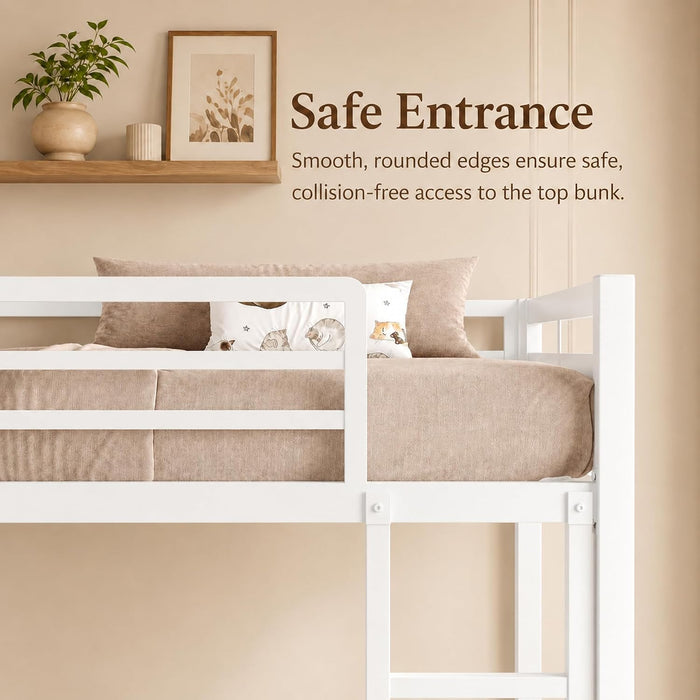 Metal Bunk Bed Full over Full with Ladder and High Guardrail, Heavy-Duty Metal Slats Support, Noise Free, No Box Spring Needed, for Kids and Juniors, White