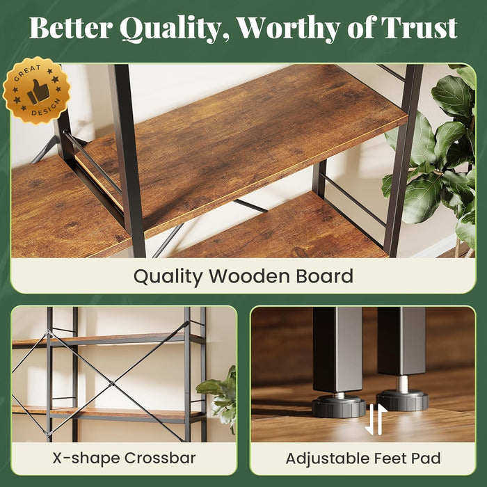 5 Tier Bookshelf, L Shaped Corner Bookshelf with 10 Open Shelves, 49.4 Inch Straight Wide Bookcase with Metal Frame and Wooden Board, Adjustable Feet, Rustic Brown