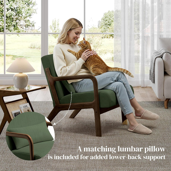 Accent Chair for Living Room, Corduroy Mid Century Modern Reading Armchairs with Lumbar Pillow for Bedroom, Decorative Sofa Chair for Adult Dark Green/Set of 2