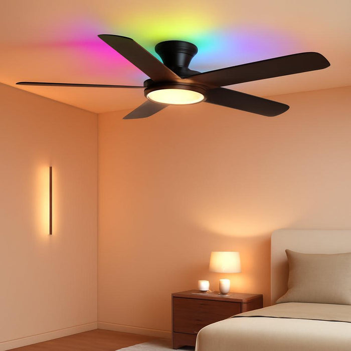 Flush Mount Ceiling Fan with RGB Light - 52In Black Ceiling Fan Light with Reversible Mute Motor, LED 3CCT Dimmable, Low Profile Modern Ceiling Fans for Indoor, Party, Covered Outdoor