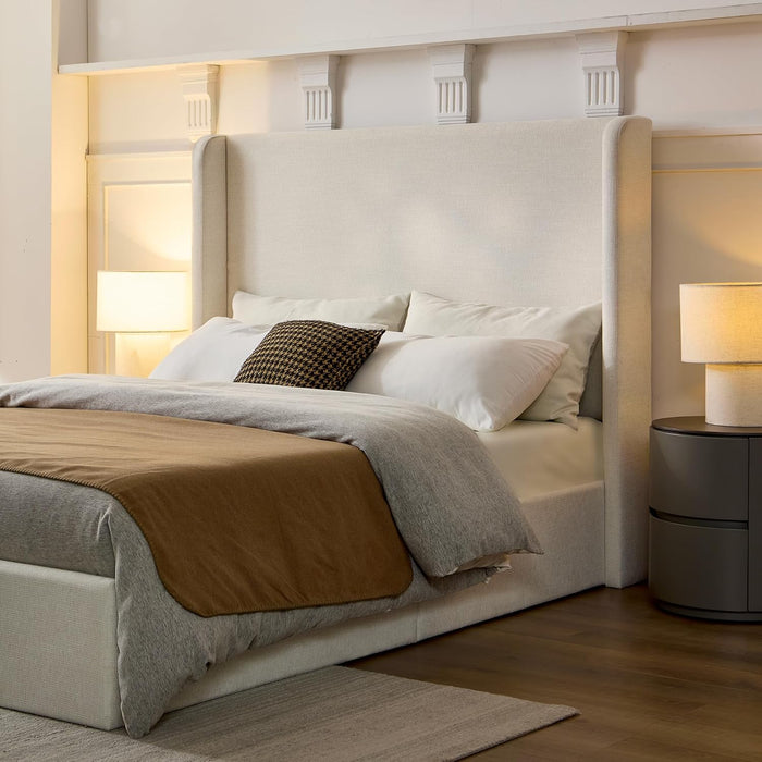 Queen Size Upholstered Wingback Bed with 54" Tall Headboard, Modern Minimalist Design Platform Bed, Textured Canvas Chenille, Easy Assembly, Sturdy Frame, Box Spring Required, Ivory