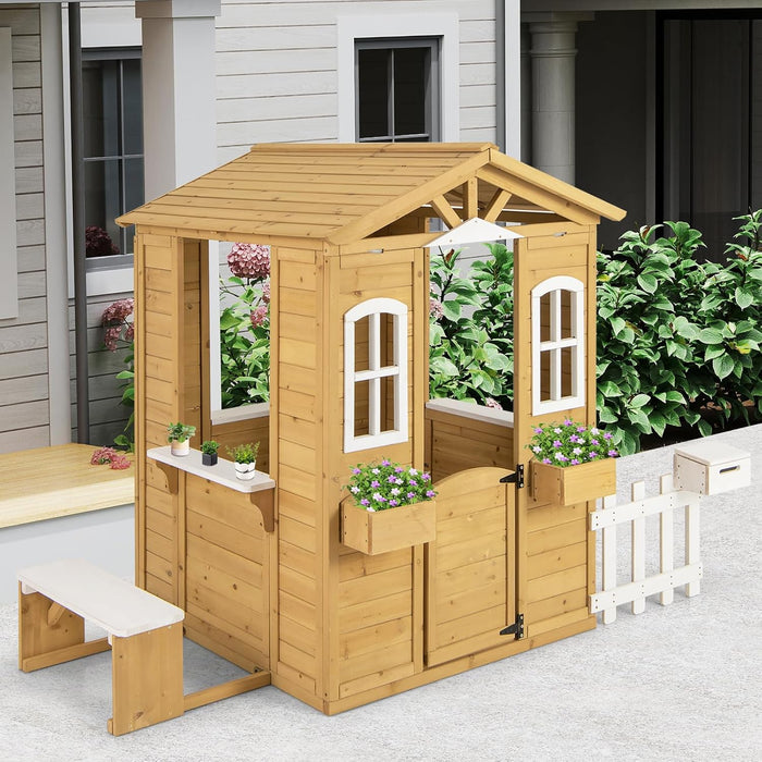 Outdoor Playhouse, Fir Wood Patio Pretend Play Center W/Bench, Mailbox, Fence, Serving Stations, Flowerpot Holders, Windows & Door, Children Play House for 2+ Years Old Kids