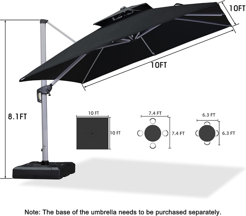 Cantilever Patio Umbrellas 10' X 10' Square Double Top, Black