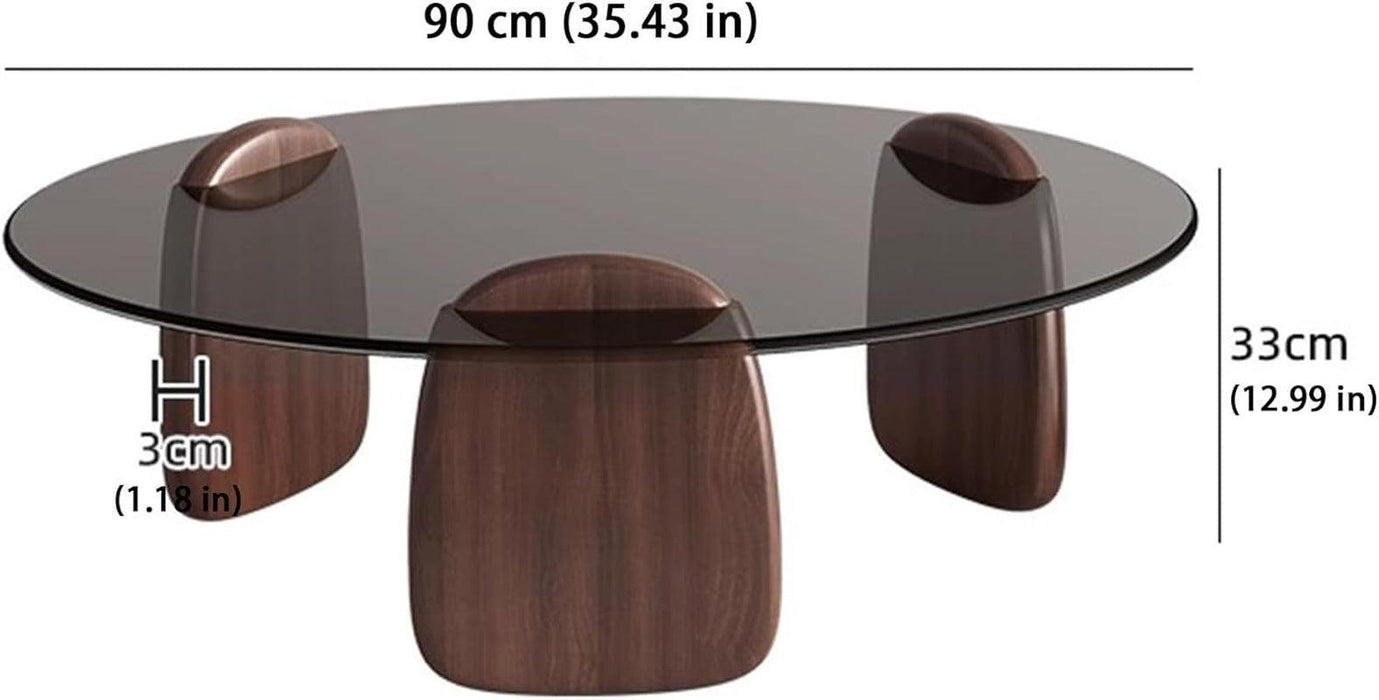 Modern round Coffee Table with Glass Top, 32.68" D X 22.44" W X 15.75" H, Circular Tea Tables for Living Room Home Office Industrial Cocktail Tables (Walunt-Grey Glass/35.43")