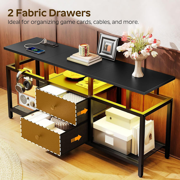 TV Stand with LED Light and Power Outlets, Entertainment Center with Fabric Drawers and Open Shelves, 41.7" TV Cabinet for Tvs up to 45 Inch, Media Console for Living Room, Bedroom, DS03UDBB