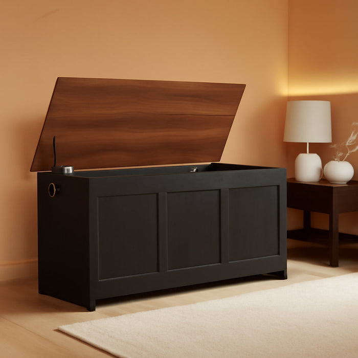 Storage Bench, 39.3" Retro Wooden Storage Chest, Wooden Storage Trunk, Toy Chest with Lift Top, Multifunctional Entryway Organizer, for Entryway, Living Room, Black and Walnut BH141CW01