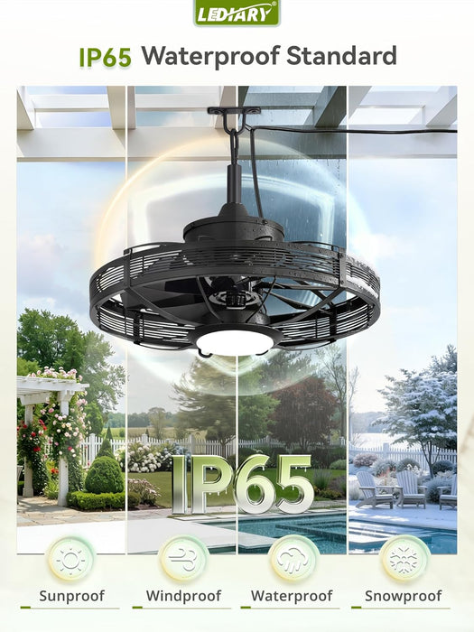 20" Outdoor Ceiling Fan with Lights, IP65 Waterproof Gazebo Fan, Plug-In Outdoor Hanging Fan Remote&App Control, 6 Speeds, 3CCT Dimmable, Caged Ceiling Fan for Gazebo, Patios, Porch,Pergola