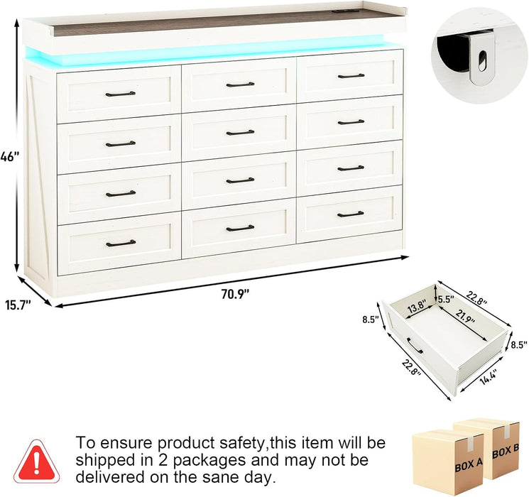 71" Wide 46" Tall Large Farmhouse 12 Drawers Dresser for Bedroom with LED Light and Power Outlets,Wood Rustic 12 Chests of Drawers for Closet,Tall Storage Dresser Organizer for Bedroom(White)