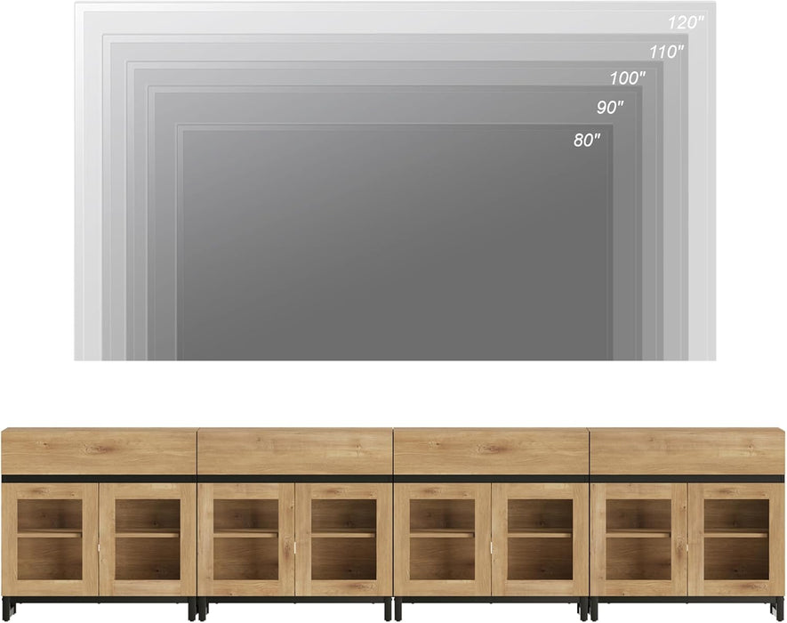 Modern TV Stand with Glass Doors for 120 Inch Tvs, 4 in 1 Entertainment Center Console with 4 Drawers and Metal Base for Living Room, Bedroom, Oak