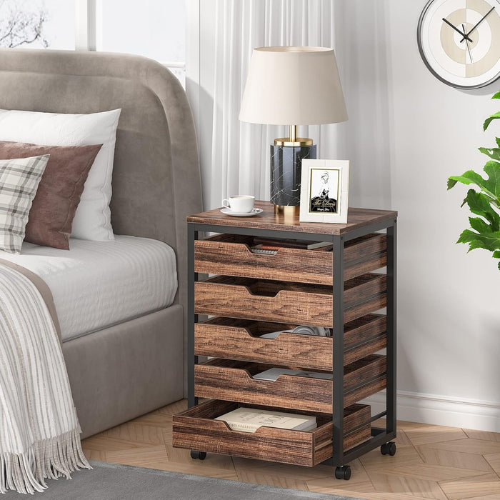 5 Drawer Chest, Wood Storage Dresser Cabinet with Wheels, Industrial Storage Drawer Organizer Cart for Office Bedroom Entryway (Rustic Brown, 1 PC)