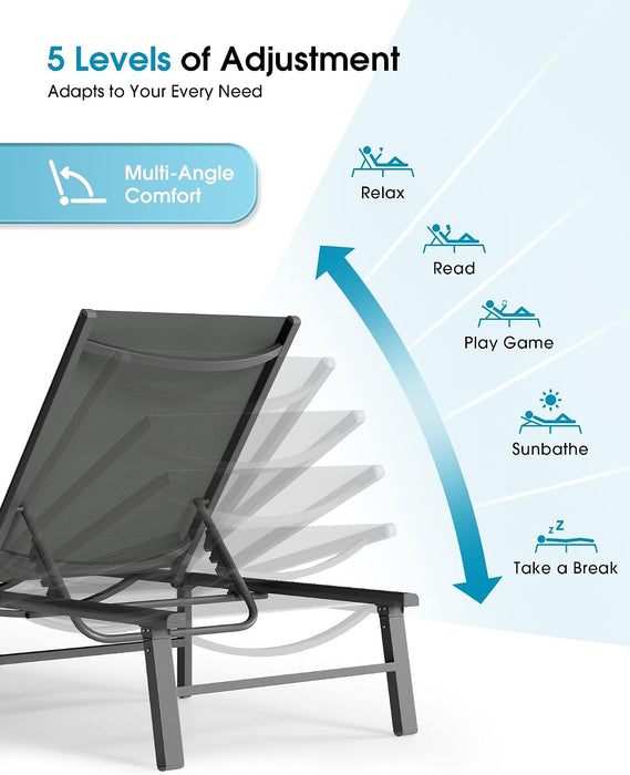 Foldable Outdoor Lounge Chair, No Assembly Patio Chaise Lounge Outdoor with 5-Positions, Aluminum Pool Lounge Chair with Portable Design for Pool, Beach, Deck, Backyard, Grey