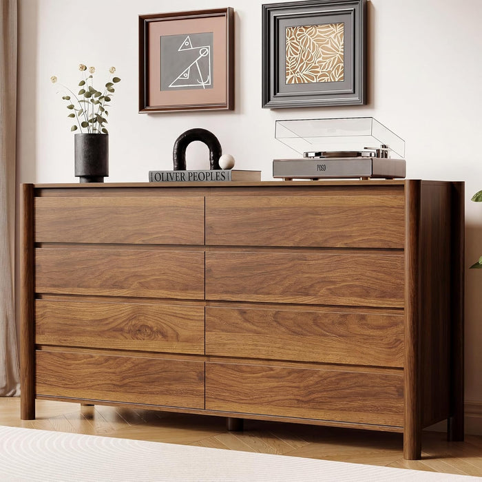 55" Wide 8-Drawer Dresser, Mid-Century Modern Chest with Solid Wood Legs, Concealed Handle,Large Wood Storage Organizer, Bedroom Storage,Walnut