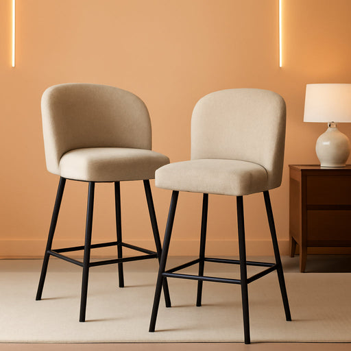 Counter Height Bar Stools Set of 2, 360° Swivel Upholstered Barstools with Backs and Metal Legs, 26" H Seat Height, Linen Fabric in Redish Sand