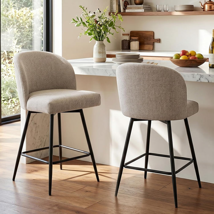 Counter Height Bar Stools Set of 2, 360° Swivel Upholstered Barstools with Backs and Metal Legs, 26" H Seat Height, Linen Fabric in Redish Sand