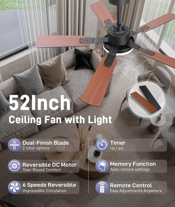 Ceiling Fan Lights, 52" Ceiling Fans with Lights and Remote, Farmhouse Ceiling Fans with Light Quiet Reversible DC Motor, Dual-Finish LED Ceiling Fan Light for Living Room, Bedroom, Kitchen