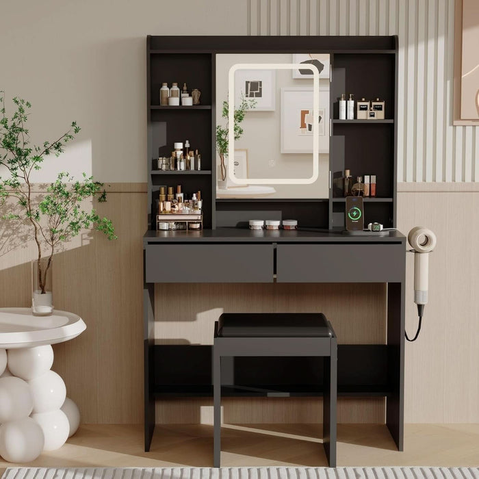 Vanity Desk with Mirror and Lights, for Bedroom,Adjustable 3 Color Lights Modes，Includes Padded Stool, Makeup Table Set with Hidden Storage Shelves, USB Outlets, Hairdryer Holder