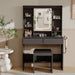 Vanity Desk with Mirror and Lights, for Bedroom,Adjustable 3 Color Lights Modes，Includes Padded Stool, Makeup Table Set with Hidden Storage Shelves, USB Outlets, Hairdryer Holder