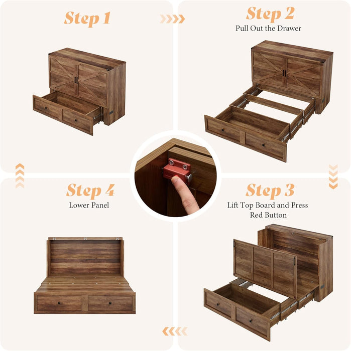 Full Murphy Bed Cabinet with Charging Station and Storage, Farmhouse Foldable Platform Bed for Guest Room, Office, Small Spaces, Barnwood