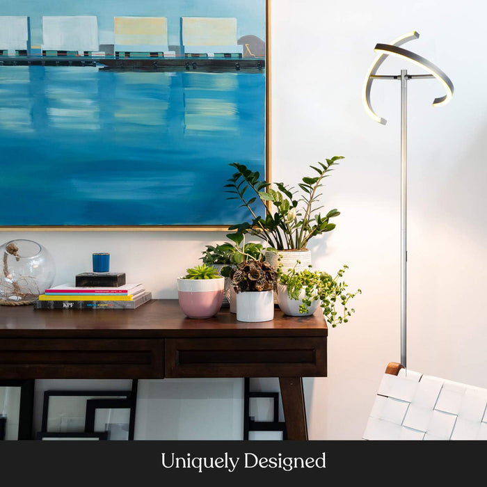 Halo Split Floor Lamp, Modern Bright LED Torchiere Floor Lamp for Offices - Dimmable, Tall Standing Lamp for Living Room or Bedroom - Adjustable Light W/Rotating Angles - Platinum Silver
