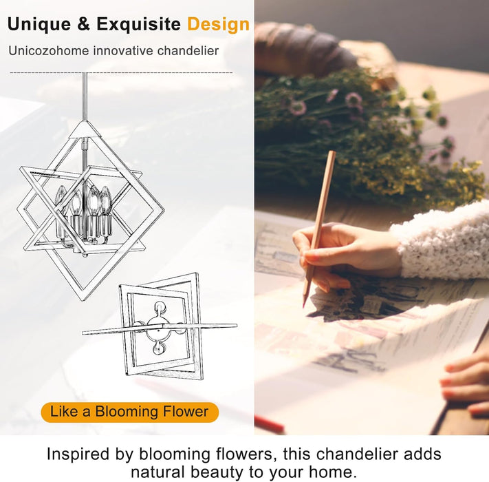 18" Black Chandelier, 4-Light Farmhouse Geometric Ceiling Dining Room Fixture, Modern Rustic Foyer Lighting Fixtures, Industrial Hanging Light Fixture Pendant Lights for Kitchen Island, Entryway