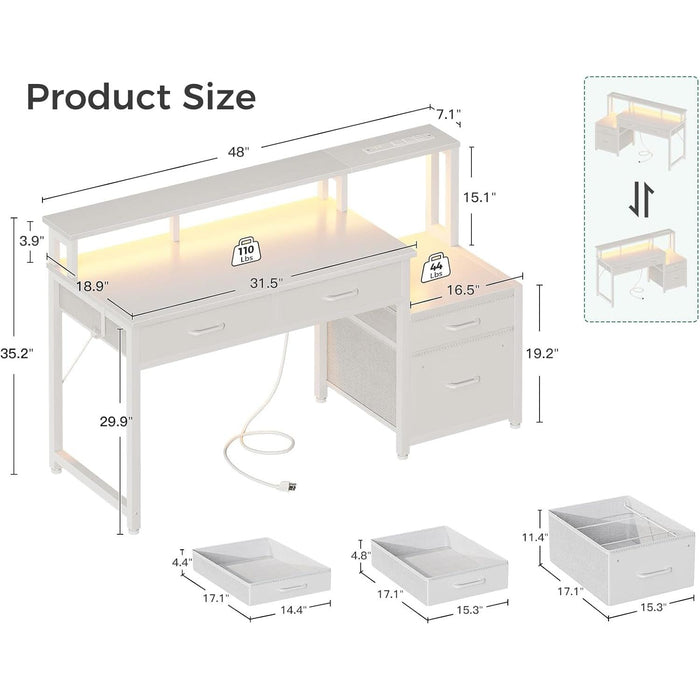 White Reversible Desk with LED Lights & Drawers